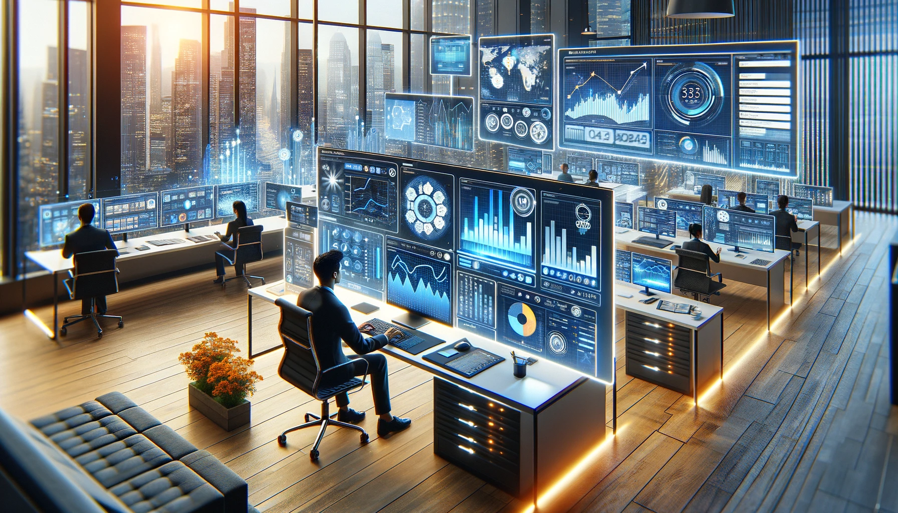 Modern workspace with advanced real estate investment tools and analytics on multiple screens, featuring a professional analyzing data for 2024.