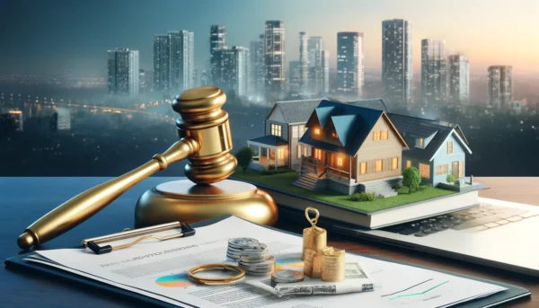 Real estate tax lien investing concept with gavel, legal documents, and golden key on urban skyline background.