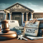 Courthouse backdrop with a sheriff's sale conclusion, featuring a gavel on legal documents, keys, and a 'Paid' stamp on a lien notice, symbolizing lien resolution post-sale.