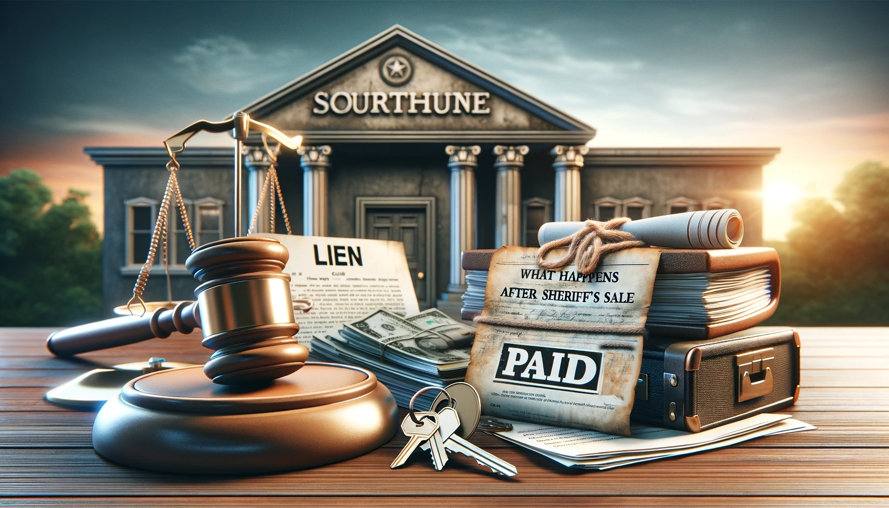 Courthouse backdrop with a sheriff's sale conclusion, featuring a gavel on legal documents, keys, and a 'Paid' stamp on a lien notice, symbolizing lien resolution post-sale.