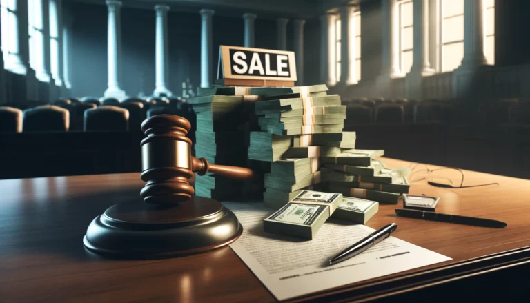 Tax sale overages concept with money, gavel, and legal documents on a desk, courthouse background, highlighting financial and legal opportunities.