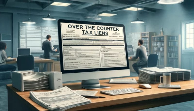 Professional environment showing the purchase of Over The Counter Tax Liens, with an investor analyzing tax lien certificates and a computer displaying listings.