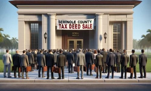 Seminole County Courthouse with tax deed sale sign and diverse group of investors lined up, symbolizing financial opportunity in tax deed investing.